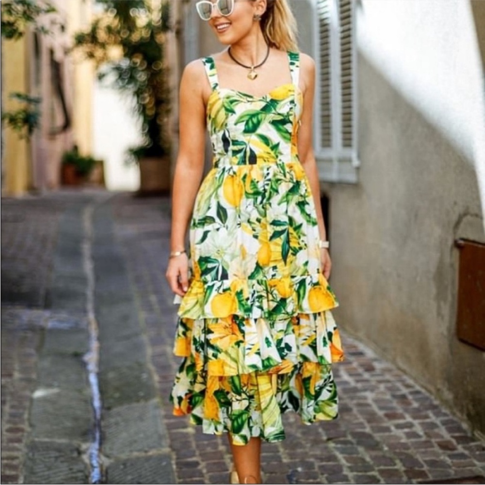 H&M Yellow and Green Floral Midi Dress